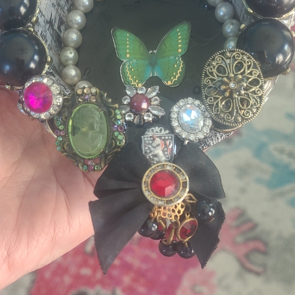 Hand Crafted Black and Green Jeweled Mixed Media Wall Accent - Picture 6 of 12